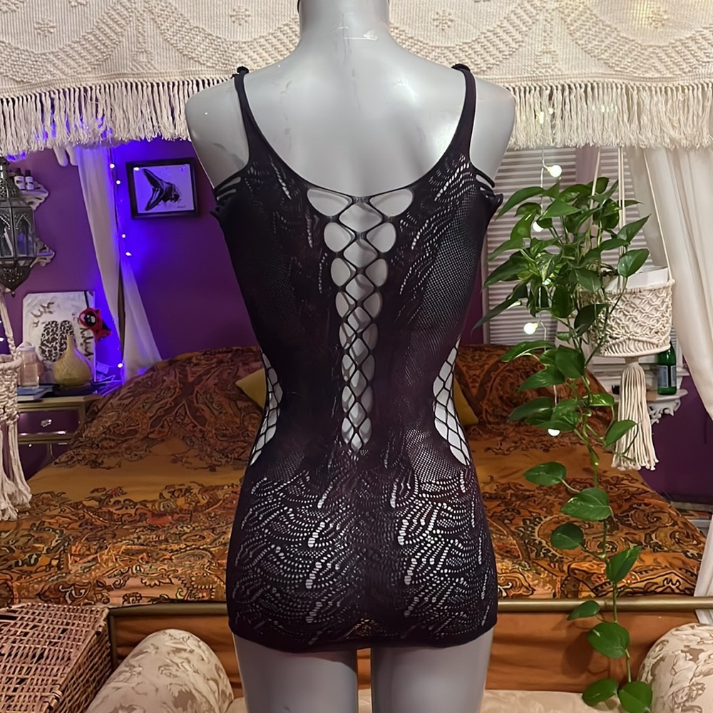 Dark Tie Dye Purple Goth Grunge mini fishnet cutout dress - Picture 3 of 4